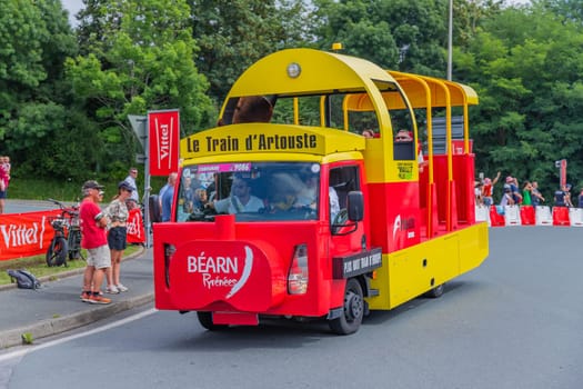 Bayonne, France: 03 July 2023: Caravan car of Tour de France in the 3 stage of "Le Tour de France"" in Bayonne, Basque Country. France."