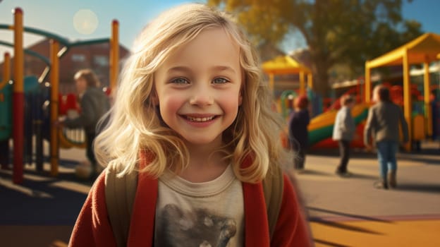 Girl child with long blonde hair laughing and playing in summer. artificial art