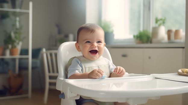 Happy Baby sits in a highchair at a table. artificial art