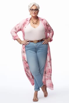 Strong stable senior lady in stylish clothes isolated on bright background. artificial art