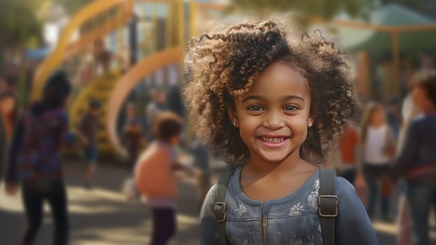 Mixed race child with curly hair laughing and playing in summer.