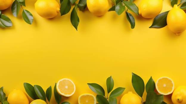 Beautiful backdrop with yellow lemons and green leaves on yellow background. Artificial Art