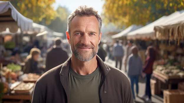 Portrait of an attractive man at a weekly market. artificial art