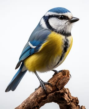 Tiny Bluetit sitting on a branch isolated on bright background. artificial art