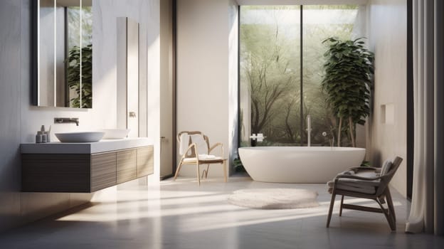 Beautiful bathroom in luxury home with bathtub, and shower. artificial art
