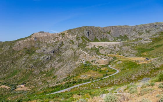 Landscape of the Serra da Estrela mountain range, along road, in Portugal