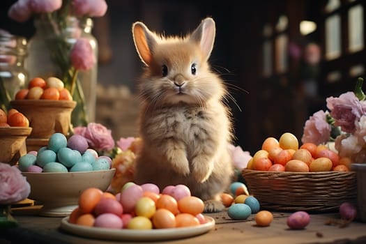 Easter bunny or rabbit with colorful painted eggs, holiday in spring