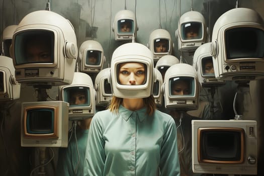 Woman with TV screen on the brain, addicted to social media, manipulation and mind control, by media, teenager disconnected to reality