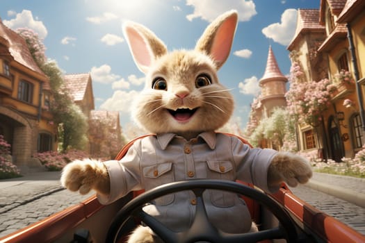 Easter bunny or rabbit with driving a car through town, holiday in spring