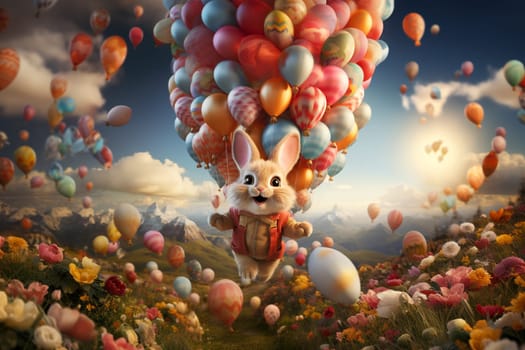 Easter bunny or rabbit with colorful balloons flying to the sky, holiday in spring , easter eggs