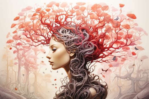 Human mind with flowers growing from a pink tree, positive thinking, creative mind, self care and mental health concept