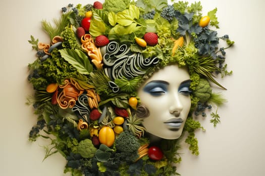 Brain made from vegetables and fruits like broccoli, salad and berries, healthy food and lifestyle, vegan nourishment