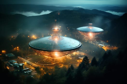 Radar radio telescope with antennas, satellite dish for space observatory, sending signals to the night sky