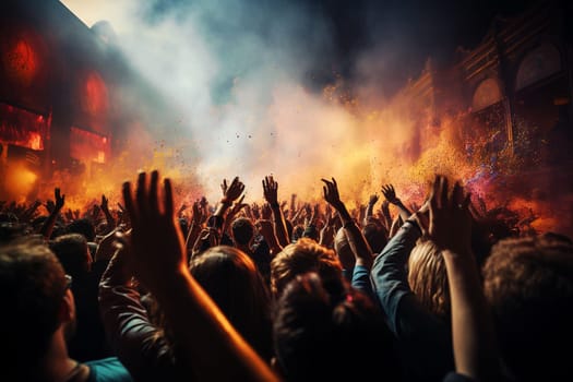 Crowd of people at a music concert or festival, colorful lights at the stage, audience cheering, live performance, rock show