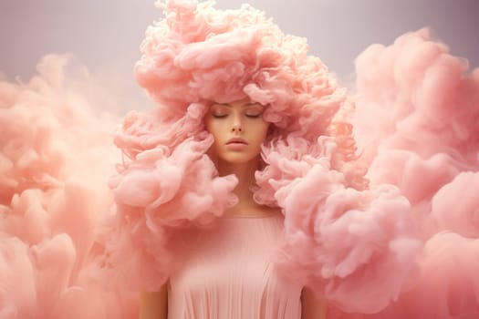 Woman surrounded by a pink cloud, positive thinking, creative mind, self care and mental health concept