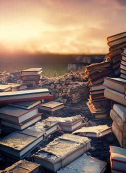 The cemetery of forgotten books with stacks of thrown textbooks in dramatic sunset light. Trash of burned science and knowledge, conceptual scene