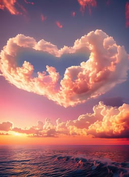 Heart shape cloud above the ocean in a pink sunrise light. Calm morning seaside. Magical scene, love and romance concept, peaceful view