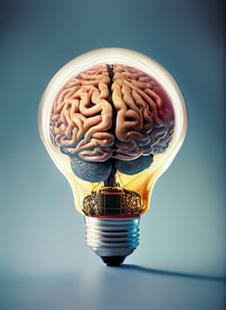 A brain inside a lightbulb, creative concept of knowledge and learning idea