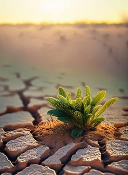 Small green plant growing out of a dry field in the middle of a desert in the sunrise light