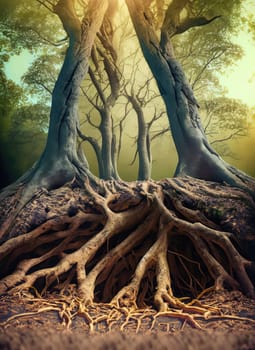 Old trees underground view of the roots joining together. Marvelous forest scene