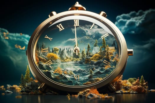 World earth hour, alarm clock stands in a damaged environment, turn off lights, save energy, protect nature and planet earth