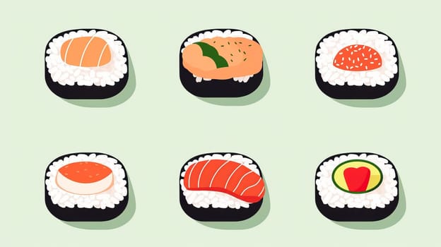 Japanese sushi set. Asian Japan food. Colorful set of sushi from different types maki, uramaki rolls, nigiri, temaki snacks. set japan asian food vector logo design pack isolated. Vector illustration