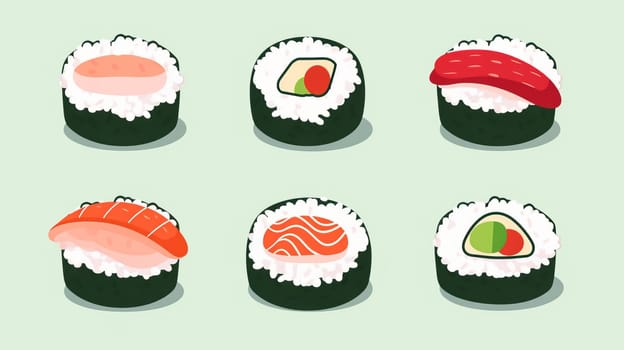 Japanese sushi set. Asian Japan food. Colorful set of sushi from different types maki, uramaki rolls, nigiri, temaki snacks. set japan asian food vector logo design pack isolated. Vector illustration