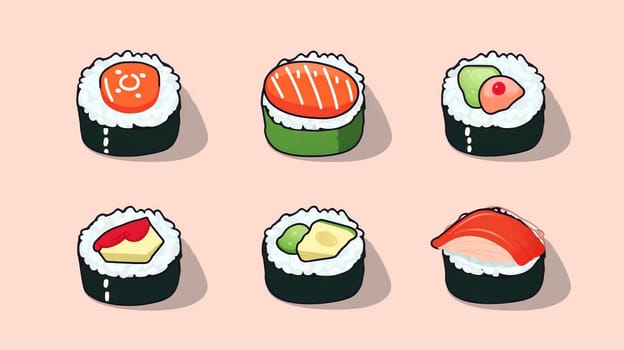 Japanese sushi set. Asian Japan food. Colorful set of sushi from different types maki, uramaki rolls, nigiri, temaki snacks. set japan asian food vector logo design pack isolated. Vector illustration