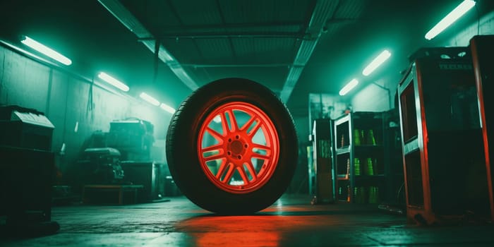 Tire workshop. A photograph in car workshop. NOT, winter or season wheel change. Puncture. Rims. Alignment. Green and red energetic color palette.