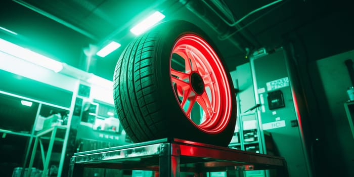 Tire workshop. A photograph in car workshop. NOT, winter or season wheel change. Puncture. Rims. Alignment. Green and red energetic color palette.