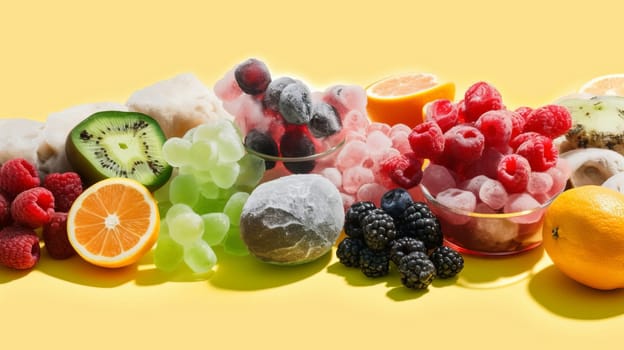 Frozen fruits blueberries pineapple berries blackberry raspberry red currant peach. Healthy and convinient fruit storage. Yellow Bakcground with copy space.