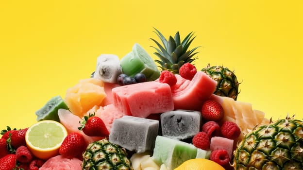 Frozen fruits blueberries pineapple berries blackberry raspberry red currant peach. Healthy and convinient fruit storage. Yellow Bakcground with copy space.