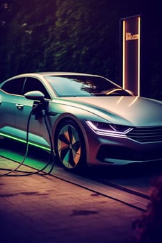Hybrid or Electric car at charging station with the power cable supply plugged in. Fast recharging. Green LED parking space. Eco-friendly alternative energy concept. Zero emission hi-tech city.