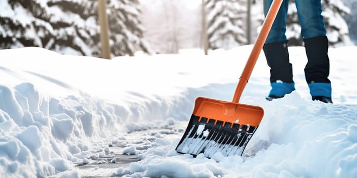 Snow shovel. Shoveling driveway and sidewalk in winter time. Sunny winter weather. Mandatory sidewalk clean. Property maitenence.