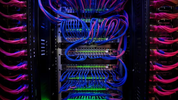 Network equipment. Server, NAS, SQL. Wires connect equipment. Network hardware. Cloud Storage. Digital cloud real estate. Equipment for system administrator. Structured cabling systems. Network switch close up. Data storage and transmission. Server router