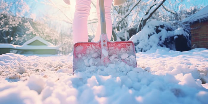 Snow shovel. Shoveling driveway and sidewalk in winter time. Sunny winter weather. Mandatory sidewalk clean. Property maitenence. White, blue and purple color palette.