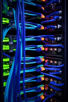 Network equipment. Server, NAS, SQL. Wires connect equipment. Network hardware. Cloud Storage. Digital cloud real estate. Equipment for system administrator. Structured cabling systems. Network switch close up. Data storage and transmission. Server router