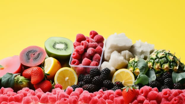 Frozen fruits blueberries pineapple berries blackberry raspberry red currant peach. Healthy and convinient fruit storage. Yellow Bakcground with copy space.