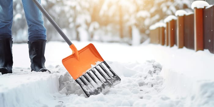 Snow shovel. Shoveling driveway and sidewalk in winter time. Sunny winter weather. Mandatory sidewalk clean. Property maitenence.