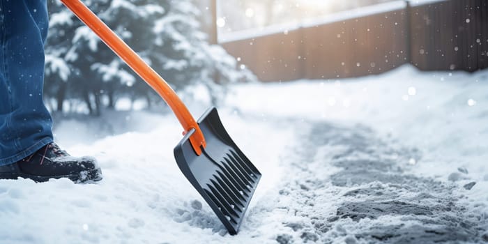 Snow shovel. Shoveling driveway and sidewalk in winter time. Sunny winter weather. Mandatory sidewalk clean. Property maitenence.