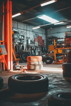 Tire workshop. A photograph in car workshop. NOT, winter or season wheel change. Puncture. Rims. Alignment. Real Life workspace.