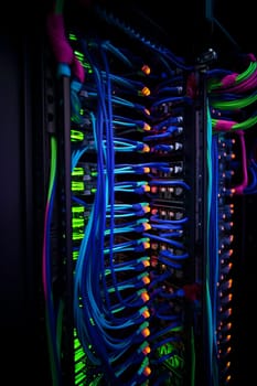 Network equipment. Server, NAS, SQL. Wires connect equipment. Network hardware. Cloud Storage. Digital cloud real estate. Equipment for system administrator. Structured cabling systems. Network switch close up. Data storage and transmission. Server router