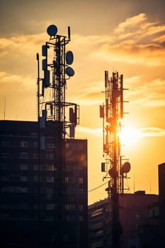 Mobile Tower installation. Cellular antenna. Radio and Television. 4G 5G and 6G nternet online generation. Mobile Tower Radiation. High speed affordable connection. Telecommunications and Wireless network. Wifi antenna.