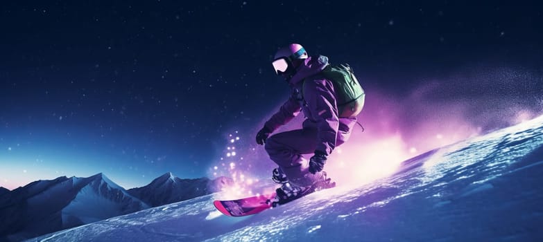 Night snowboarding. Extreme winter sports in high Austrian mountains. Purple blue and white color palette. Ad blog or social media post.