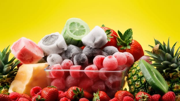 Frozen fruits blueberries pineapple berries blackberry raspberry red currant peach. Healthy and convinient fruit storage. Yellow Bakcground with copy space.