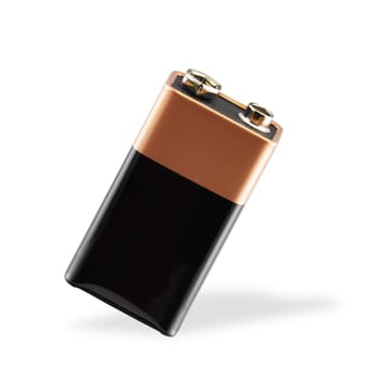 A 9 volt alkaline battery on white with shadow