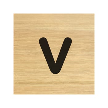A lower case v wood block on white with clipping path
