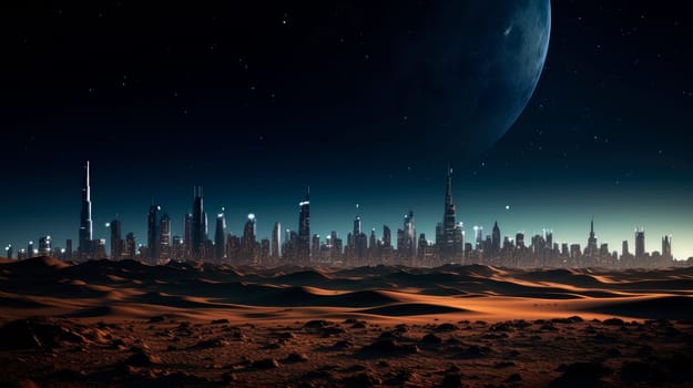A desert at night with a modern city skyline visible at the horizon, night time with a full moon. AI generated