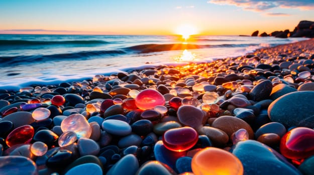 Beach with color pebbles in the sea coast, in the background sea and waves with sunset and sky. Sunset over a rocky beach. AI generated