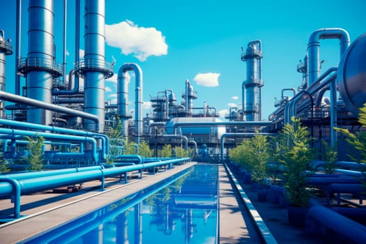 Industrial plant with pipes and pipelines. Stainless steel pipes in the factory. Abstract industry background. AI generated
